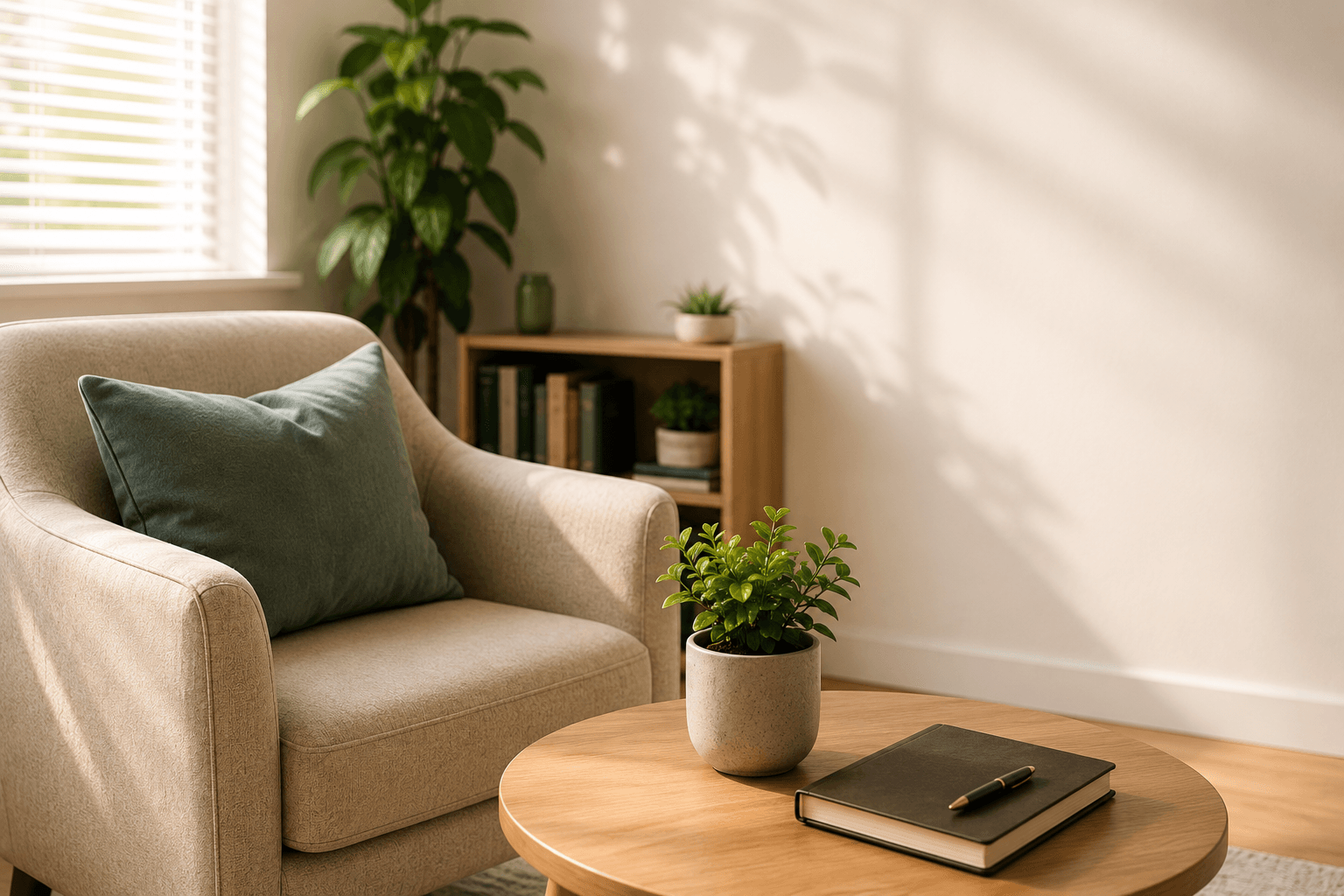 Warm therapy room with armchair, bookshelf, and natural light